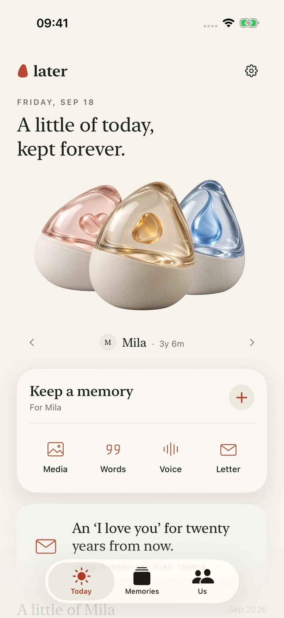 Later Today screen with overlapping sibling capsules and quick memory capture actions