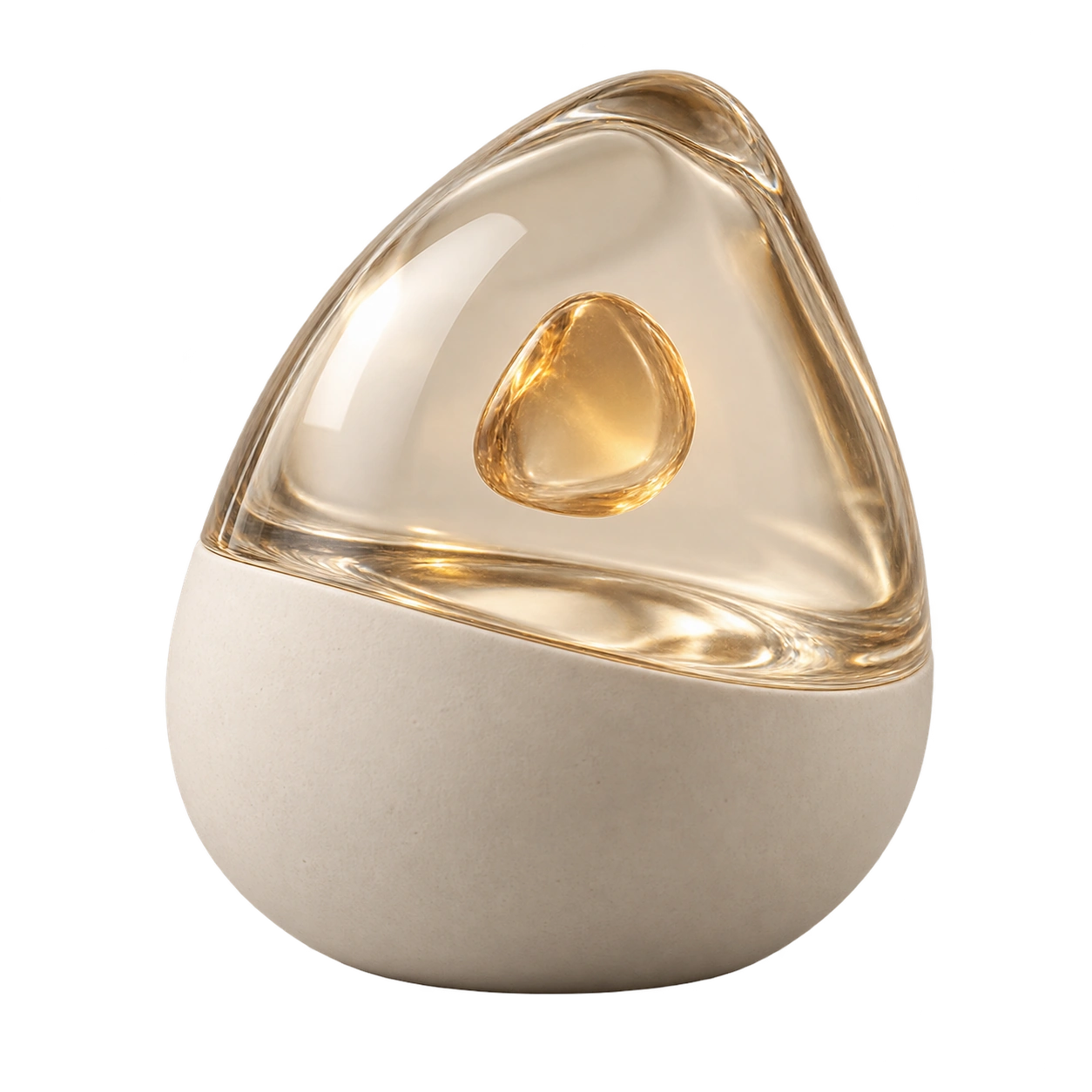 First Light: luminous golden glass around an amber keepsake, held in a soft ceramic base